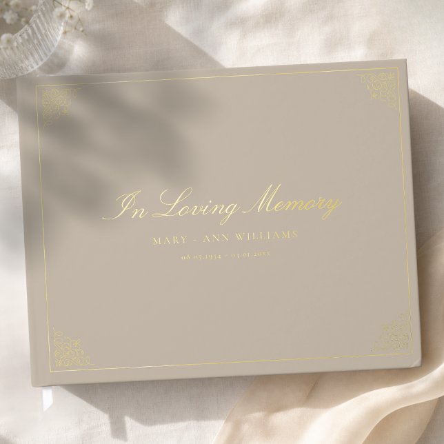 Libro De Visitas En Memoria Funeral Beige Marrón  (In Loving Memory Funeral Beige Brown Foil Guest Book)