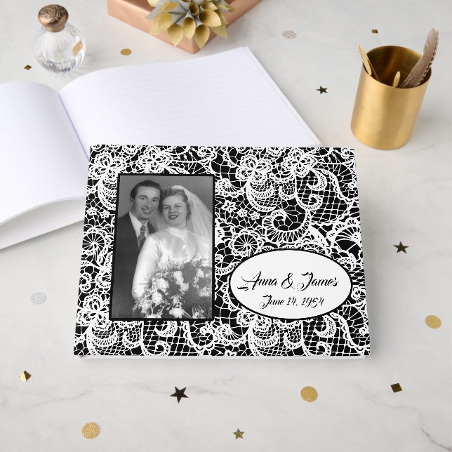 Libro De Visitas Encaje de Boda Sobre Negro con Foto (Anverso Abierto)