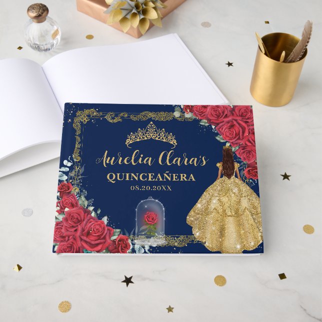 Libro De Visitas Enchanted Rose Red Roses Princess Gold Quinceanera (Anverso Abierto)