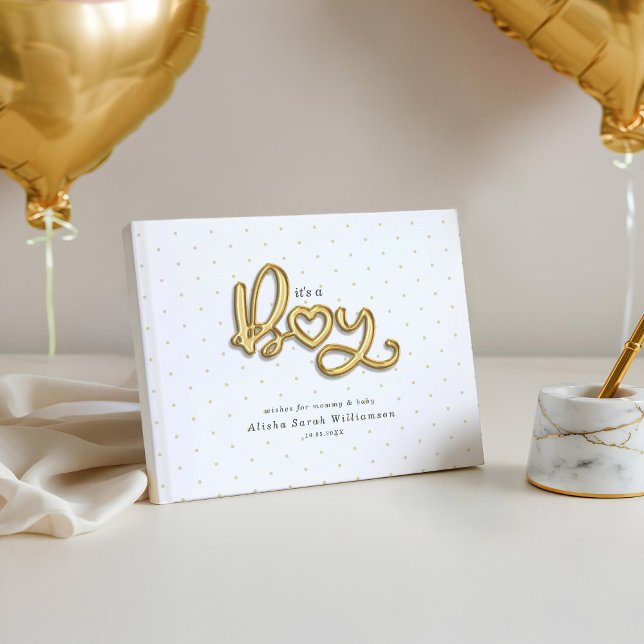 Libro De Visitas Es un niño con globo de oro que dice bebé (It's a Boy Gold Script Balloon Letters Baby Guest Book)