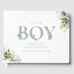Libro De Visitas Es un niño Dusty Blue Greenery Carta Baby Shower