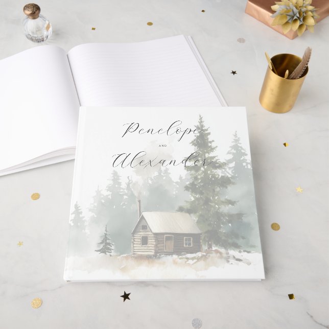 Libro De Visitas Escena Pacífica de Cabaña con Acuarela Verde (Anverso Abierto)