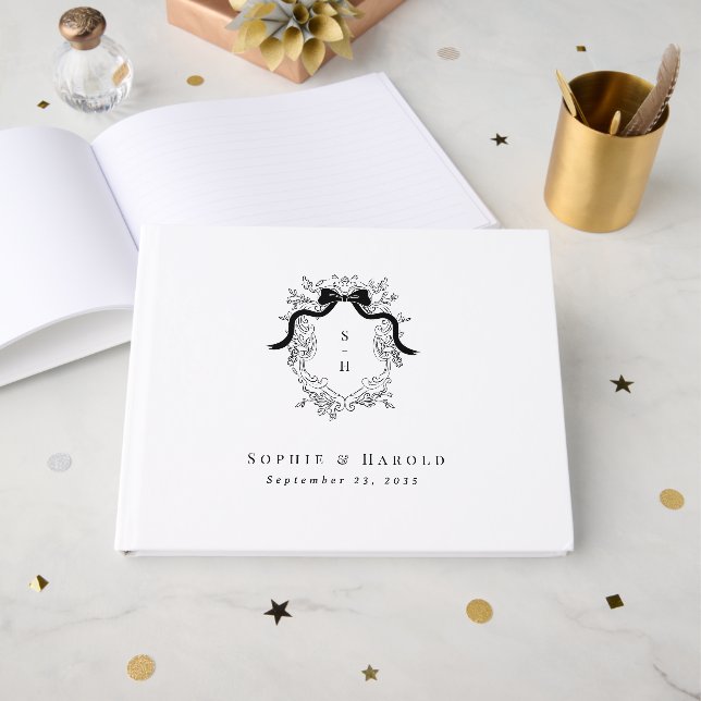 Libro De Visitas Escudo Monograma Victoriano Boda francés de época (Anverso Abierto)