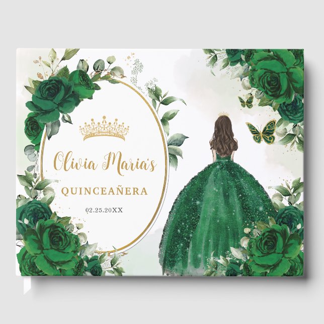 Libro De Visitas Esmeralda Verde Floral Princesa Vestido Quinceaner (Anverso)