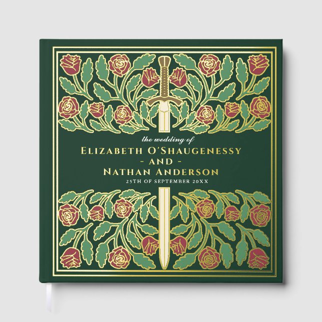 Libro De Visitas Espada Real Medieval de Fantasía Verde para Boda (Anverso)