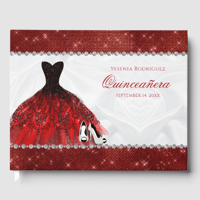Libro De Visitas Esparkle de diamante rojo Glam Quinceañera (Anverso)