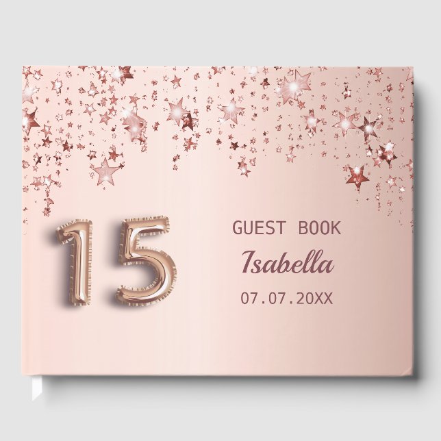 Libro De Visitas Estrellas de oro de rosa de cumpleaños Quinceanera (Anverso)