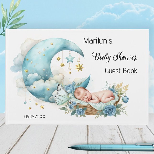 Libro De Visitas Estrellas paralizantes y Baby Shower de Moon Boy (Baby shower guest book featuring a watercolor dreamy baby boy with a moon and sparkling stars)