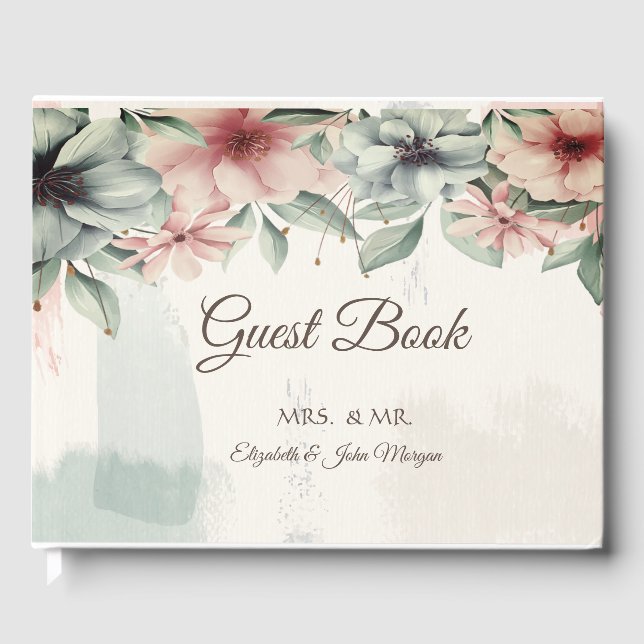 Libro De Visitas Estroque elegante de pincel, Boda floral (Anverso)