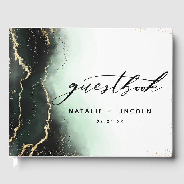 Libro De Visitas Ethereal Mist Ombre Boda dorado verde esmeralda (Anverso)