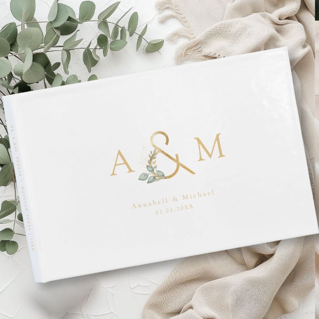 Libro De Visitas Eucalipto, Ampersand, Oro, Boda (Eucalyptus, Ampersand, White-Gold, Wedding Guest Book with your namea and date.)