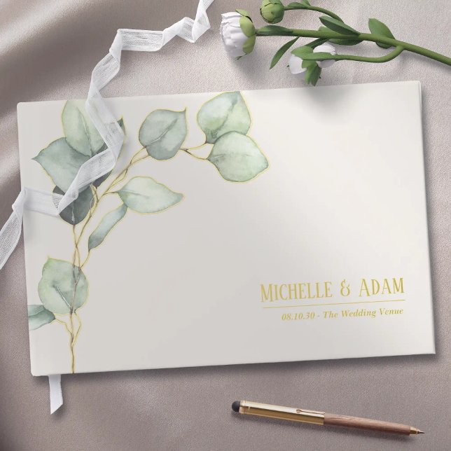 Libro De Visitas Eucalipto Boda de oro simple botánico (Simple Botanical Eucalyptus Wedding Gold Foil Guest Book)