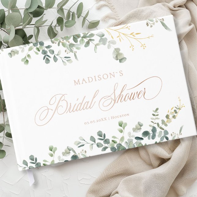 Libro De Visitas Eucalipto  Letra de Mano Baño Nupcial (Personalized Eucalyptus Handwriting Script Bridal Shower Foil Guest Book)