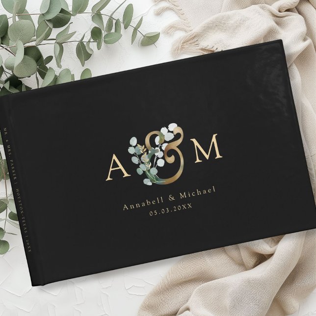 Libro De Visitas Eucalyptus Ampersand Boda Napkin (Modern, elegant eucalyptus ampersand wedding guest book, personalized)