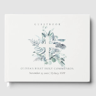Libro De Visitas Eucalyptus Fern Foliage Cross First Holy Communia