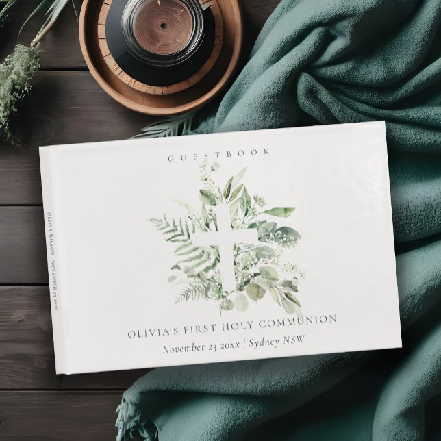 Libro De Visitas Eucalyptus Fern Foliage Cross First Holy Communia (Subido por el creador)
