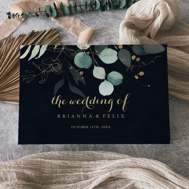 Libro De Visitas Eucalyptus Gold Floral Calligraphy Blue Boda (Subido por el creador)