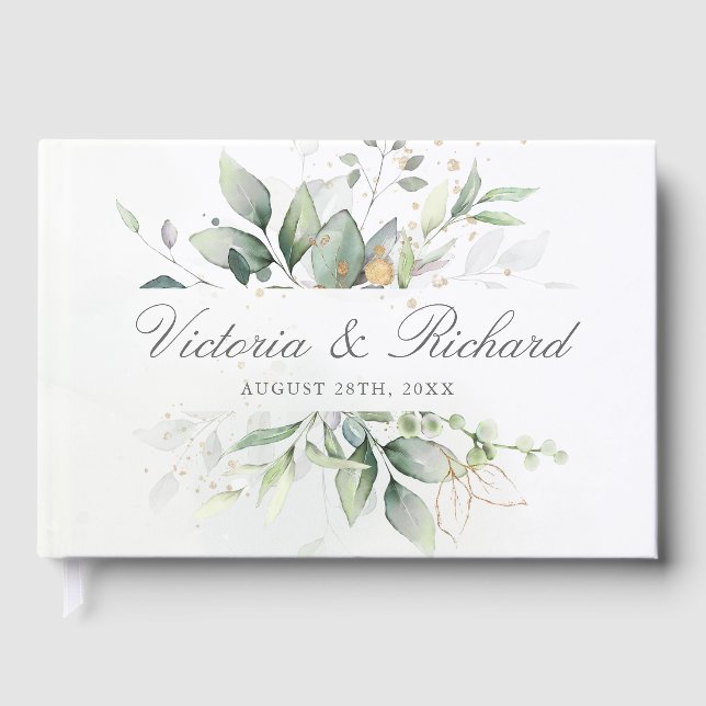 Libro De Visitas Eucalyptus Greenery Gold deja una elegante boda (Anverso)