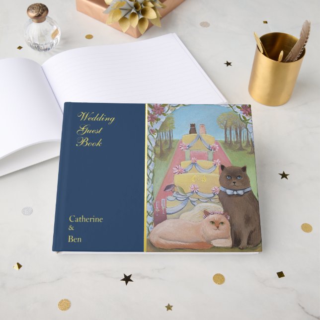 Libro De Visitas Fairytale Wedding Cats 10.5" x 8.25" Gold (Anverso Abierto)