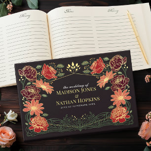 Libro De Visitas Fantasía Encantada Boda de Jardín Floral Rojo