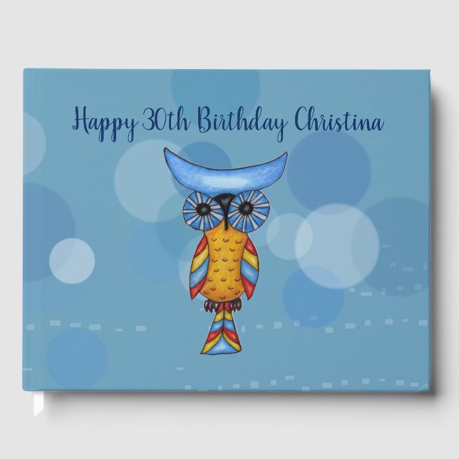 Libro De Visitas Fantasía Lechuza Azul Amarilla Ojos Grandes Círcul (Anverso)