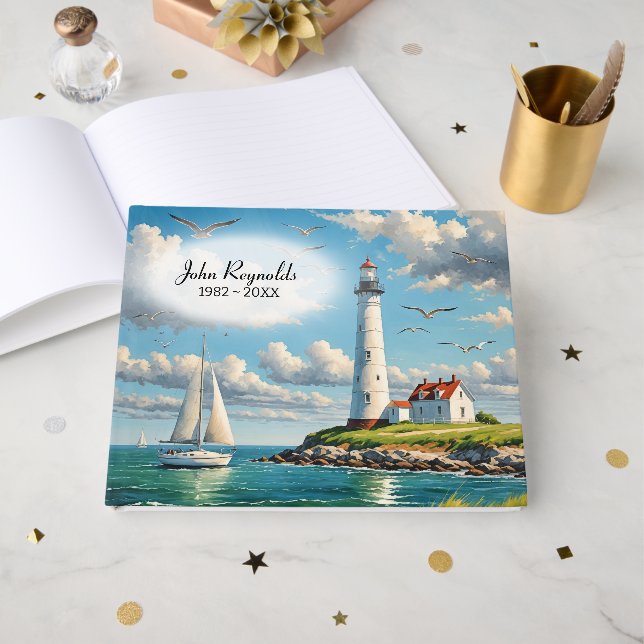 Libro De Visitas Faro blanco con velero (Anverso Abierto)