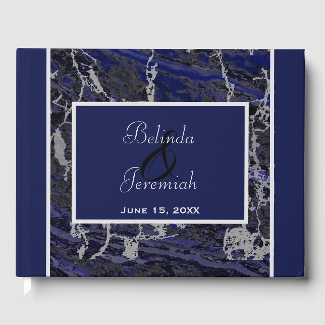 Libro De Visitas Faux Silver y Navy Marble Boda (Anverso)
