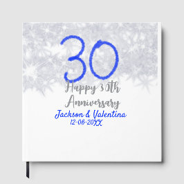 Libro De Visitas Feliz 30 aniversario de bodas brillo azul plateado
