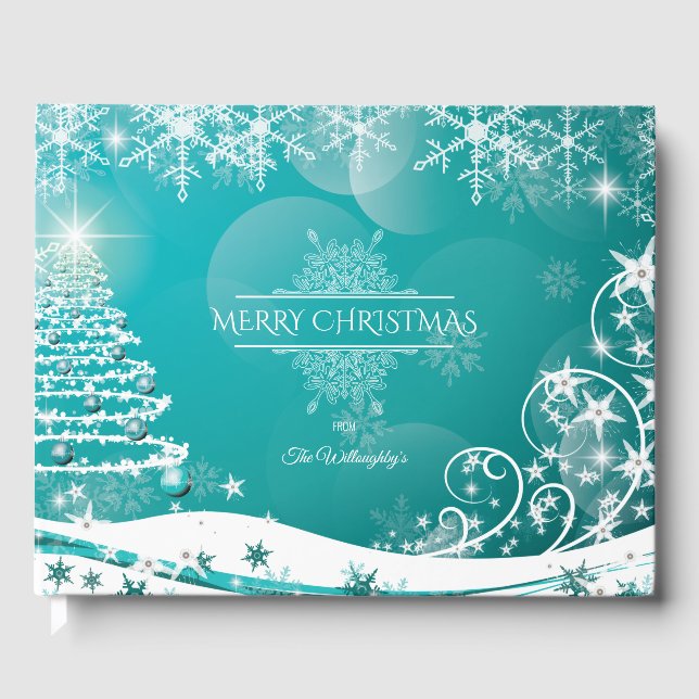 Libro De Visitas Feliz Navidad Flores de árbol de nieve y estrellas (Anverso)