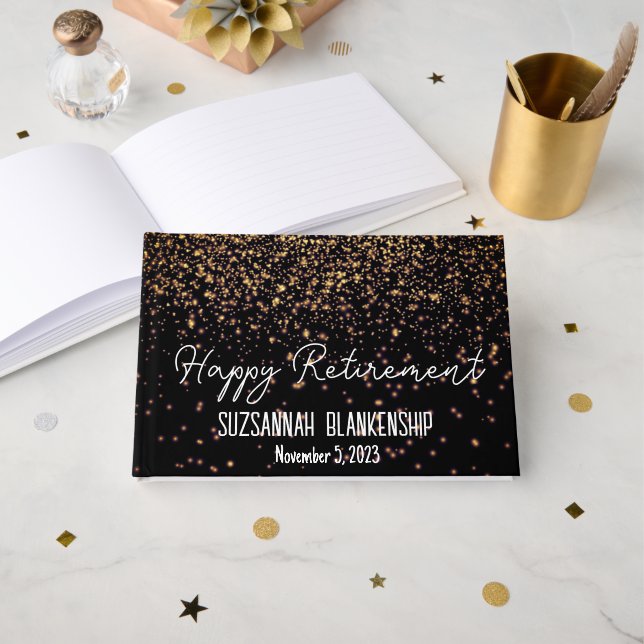 Libro De Visitas Feliz retiro Personalizado de Purpurina Black Faux (Anverso Abierto)