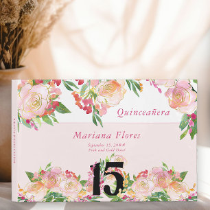 Libro De Visitas Feminine Rubor Pink and Gold Floral 15º cumpleaños