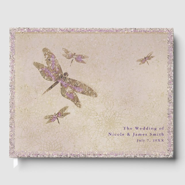 Libro De Visitas Fiesta de Boda de Dragonfly de Morado y Oro (Anverso)