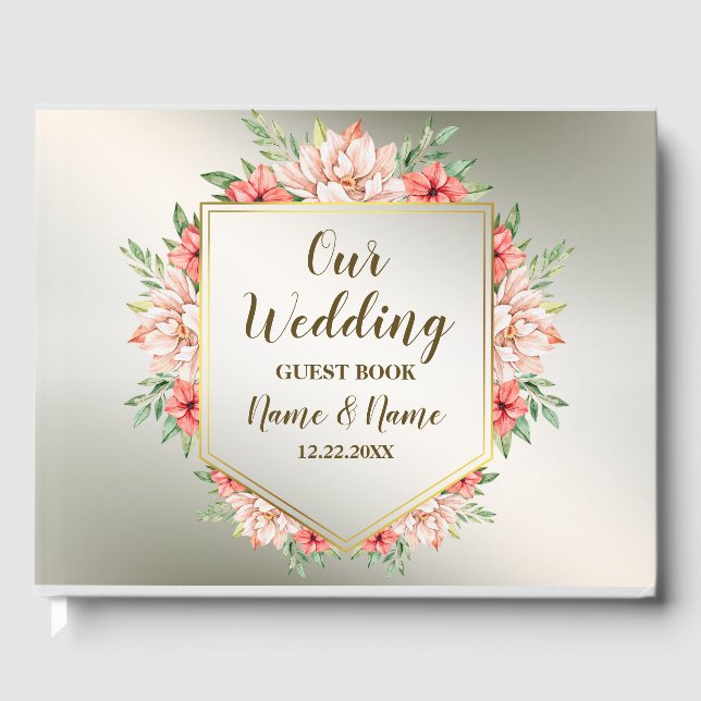 Libro De Visitas Fiesta de bodas Naranja Floral Rústico de bronce (Anverso)