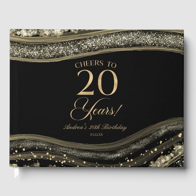 Libro De Visitas Fiesta de cumpleaños 20 elegante de ónix y oro (Anverso)