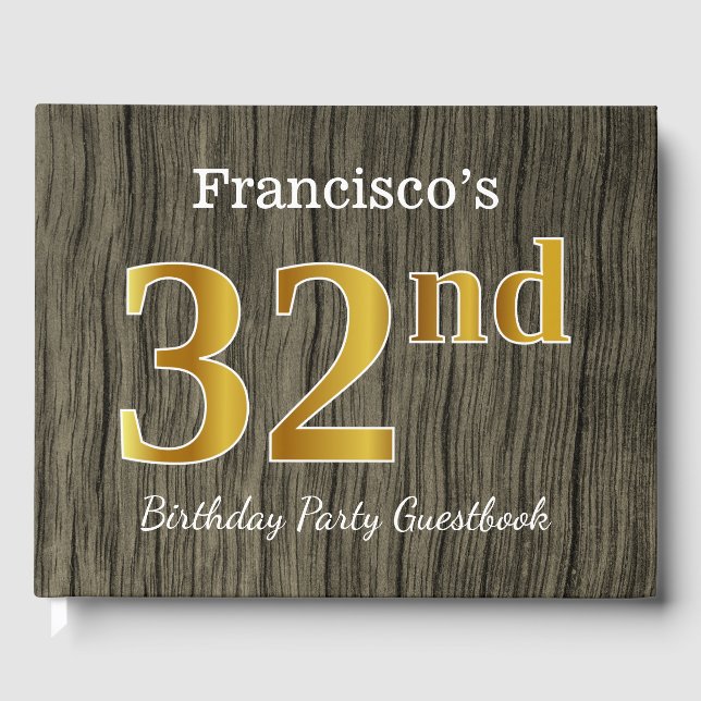 Libro De Visitas Fiesta de cumpleaños 32 de Rustic, Faux Gold; nomb (Anverso)
