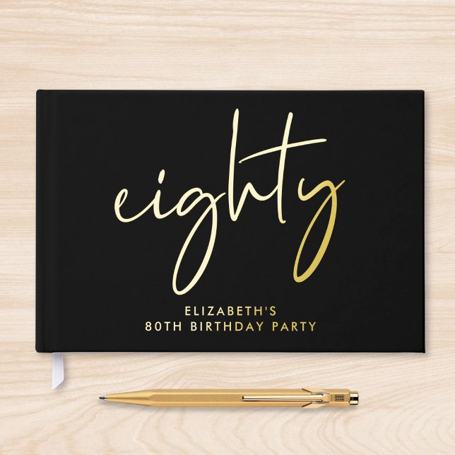 Libro De Visitas Fiesta de cumpleaños 80 de Chic Script negro (Chic Script Black 80th Birthday Party Foil Guest Book)
