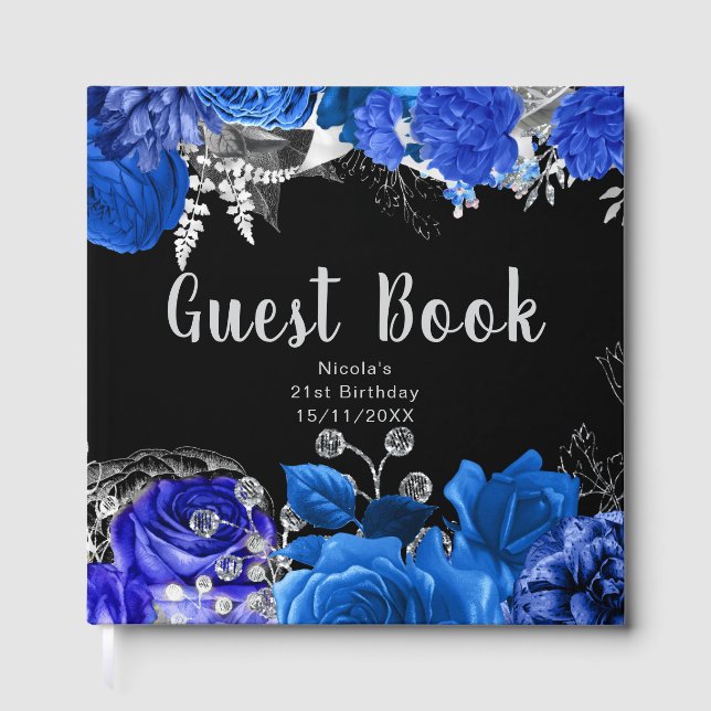 Libro De Visitas Fiesta de Cumpleaños de Flores Azules y Plateadas  (Anverso)