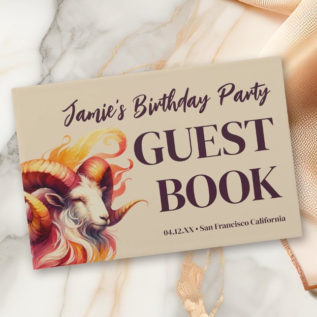 Libro De Visitas Fiesta de cumpleaños temática de Aries Zodiac (Watercolor Aries Zodiac-Themed Party Suite | Elevate it with Extras Like This Guestbook!)