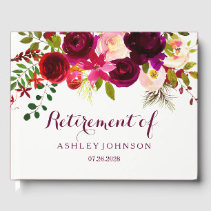 Libro De Visitas Fiesta de Jubilación de Boho Floral Rojo de Borgoñ