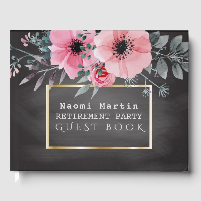 Libro De Visitas Fiesta de Jubilación | Floral elegante rosa de Cha (Anverso)