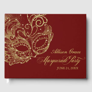 Libro De Visitas Fiesta de Quinceañera con Máscaras Dorado Borgoña