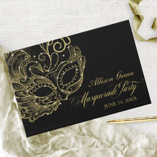 Libro De Visitas Fiesta de Quinceañera con Máscaras Dorado Negro