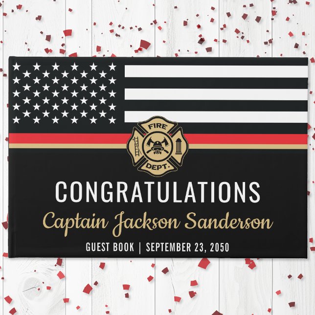 Libro De Visitas Fiesta de Retiro de Bomberos, bombero de la línea  (Firefighter Retirement Red Line Flag Congrats Guest Book)