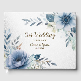 Libro De Visitas Fiesta Dusty Blue Watercolor Flores Plateadas Eleg