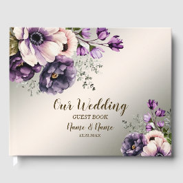 Libro De Visitas Fiesta Flores Purple Pink Doradas Elegantes