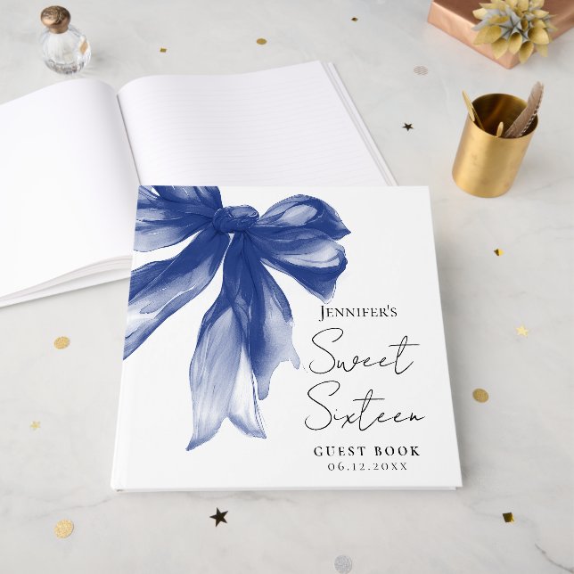 Libro De Visitas Fiesta Navy Bow Coquette Script Dulces 16  (Anverso Abierto)