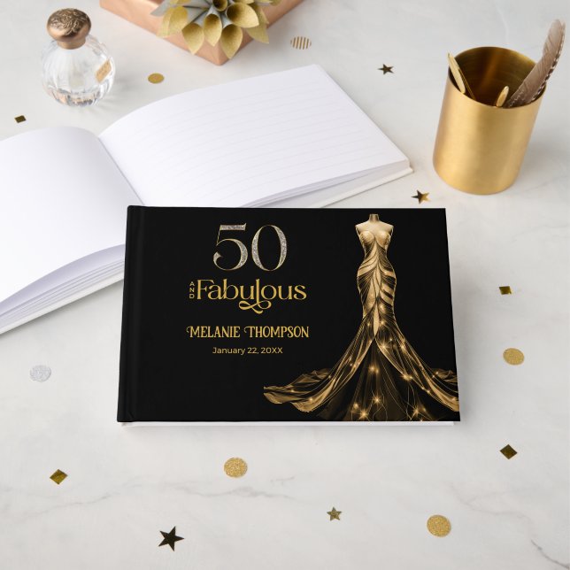 Libro De Visitas Fifty and Fabulous Gold Dress Black 50th Birthday (Anverso Abierto)