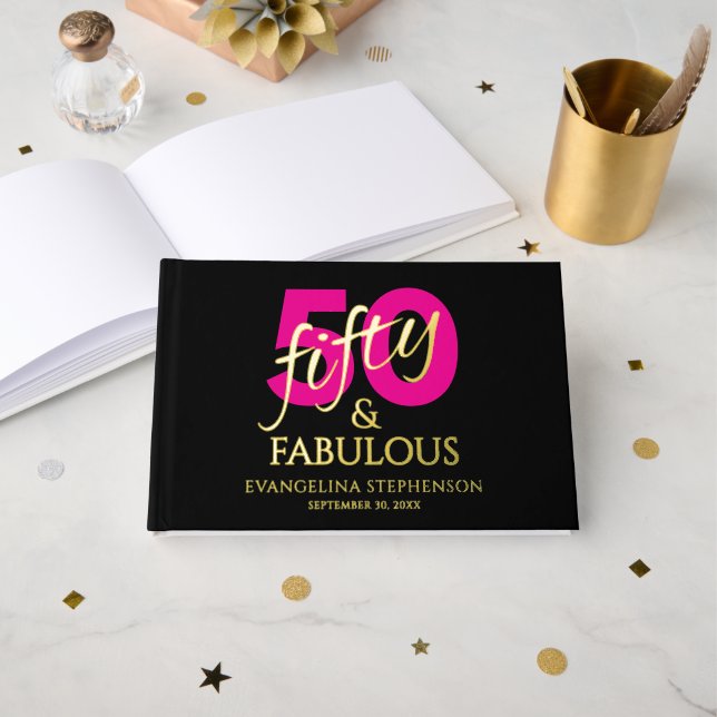 Libro De Visitas Fifty Fabulous Black Hot Pink Gold Birthday Photo (Anverso Abierto)