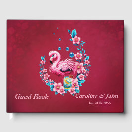 Libro De Visitas Flamingo elegante con flores tropicales.