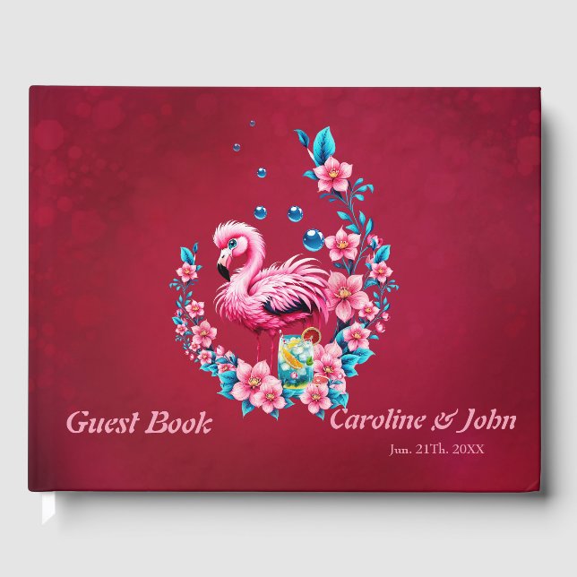 Libro De Visitas Flamingo elegante con flores tropicales. (Anverso)